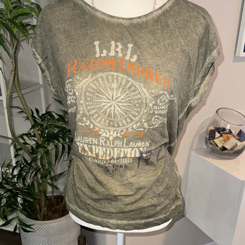 Ralph Lauren Olive Graphic Tee with Orange Accents L